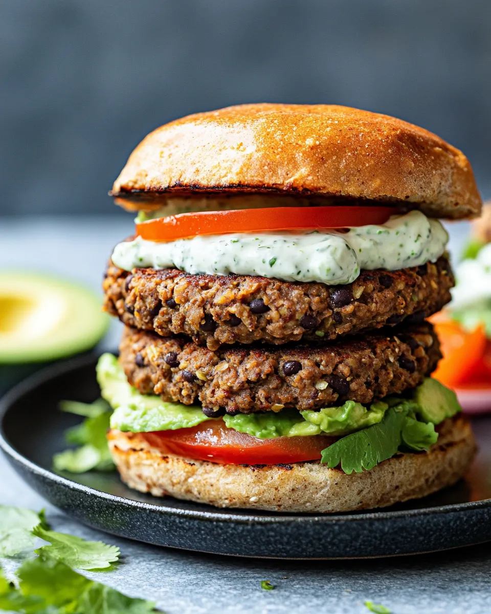 Easy Black Bean Burgers with Avocado Crema food shot