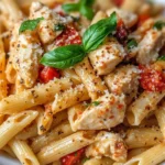 Delicious Chicken and Roasted Red Pepper Pasta food shot