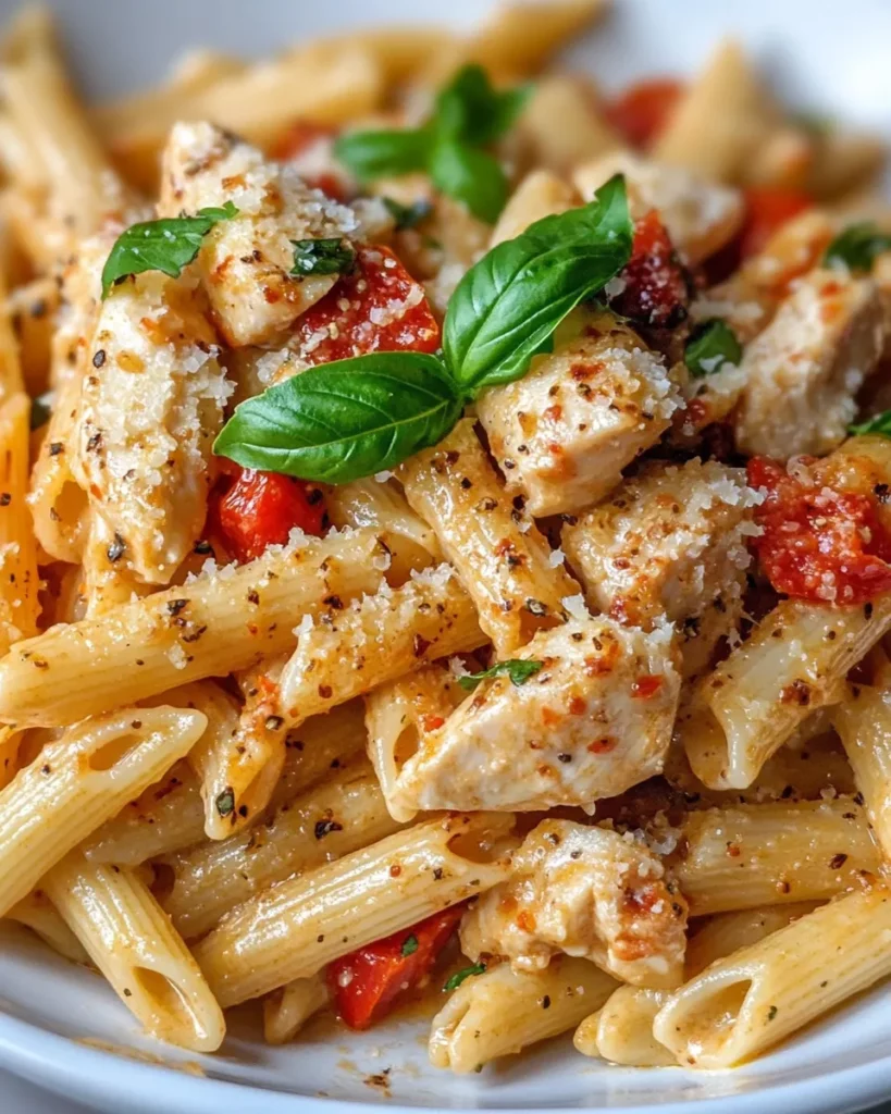 Delicious Chicken and Roasted Red Pepper Pasta food shot