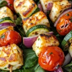 Homemade Grilled Halloumi and Vegetable Skewers Salad photo