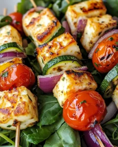 Homemade Grilled Halloumi and Vegetable Skewers Salad photo