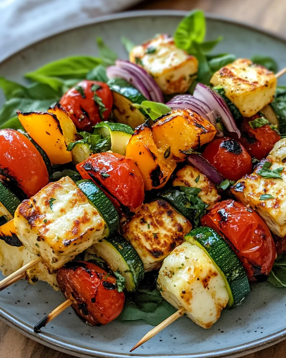 Delicious Grilled Halloumi and Vegetable Skewers Salad shot