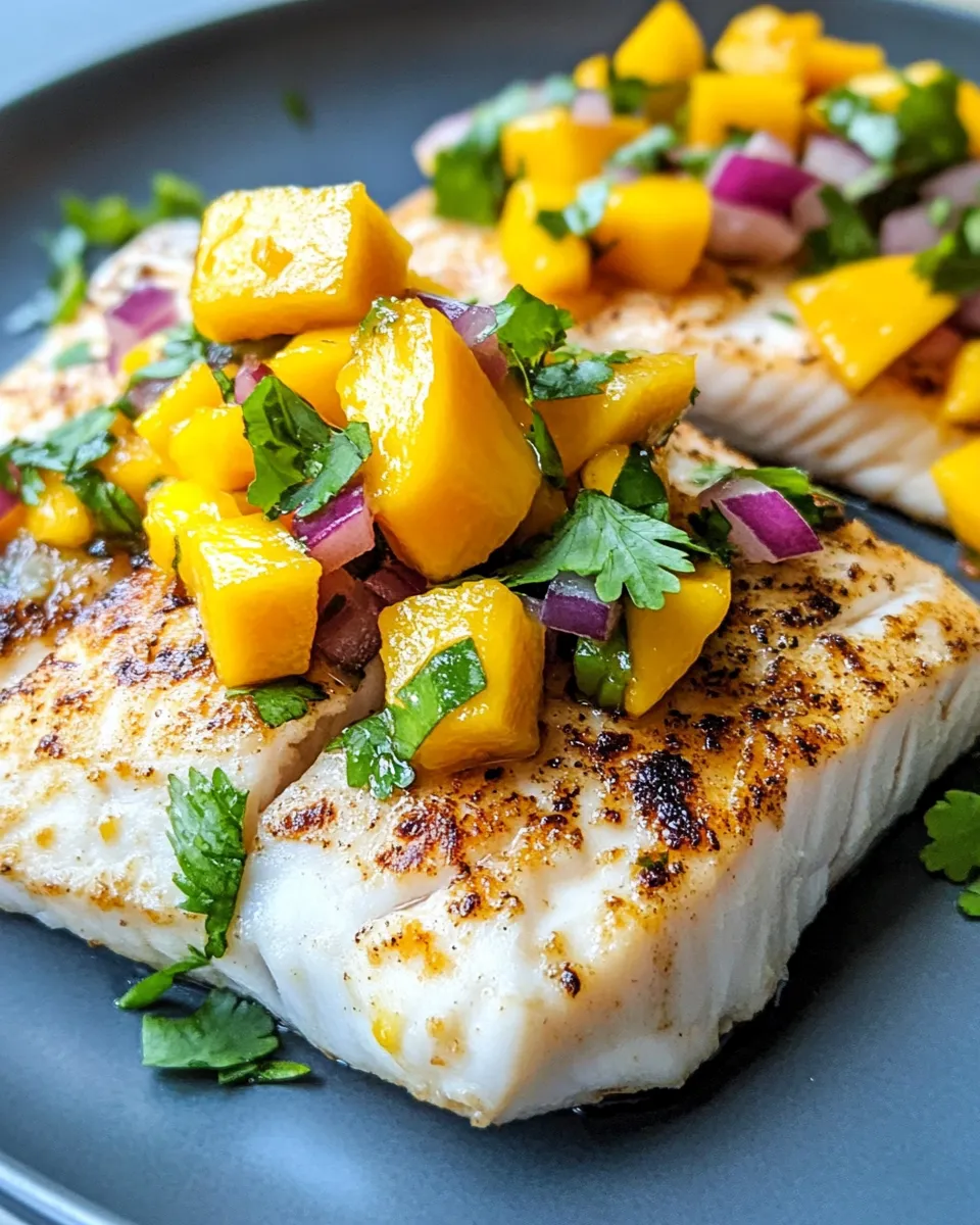 Delicious White Fish with Mango Salsa food shot