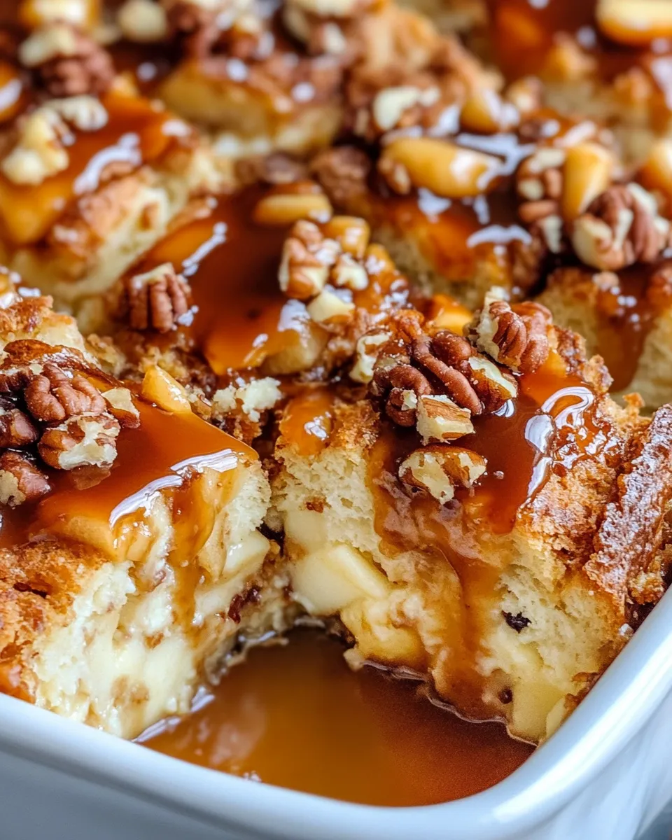 Easy Apple Bread Pudding with Caramel Sauce food shot
