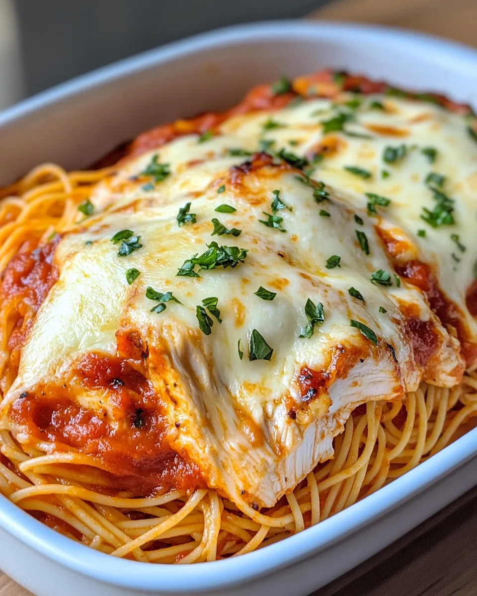 Tasty Chicken Parmesan Spaghetti Bake food shot
