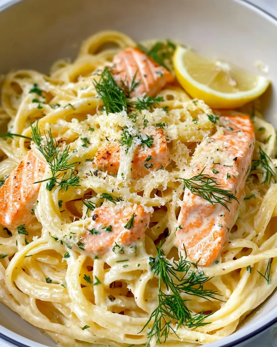 Delicious Creamy Lemon Dill Salmon Pasta food shot
