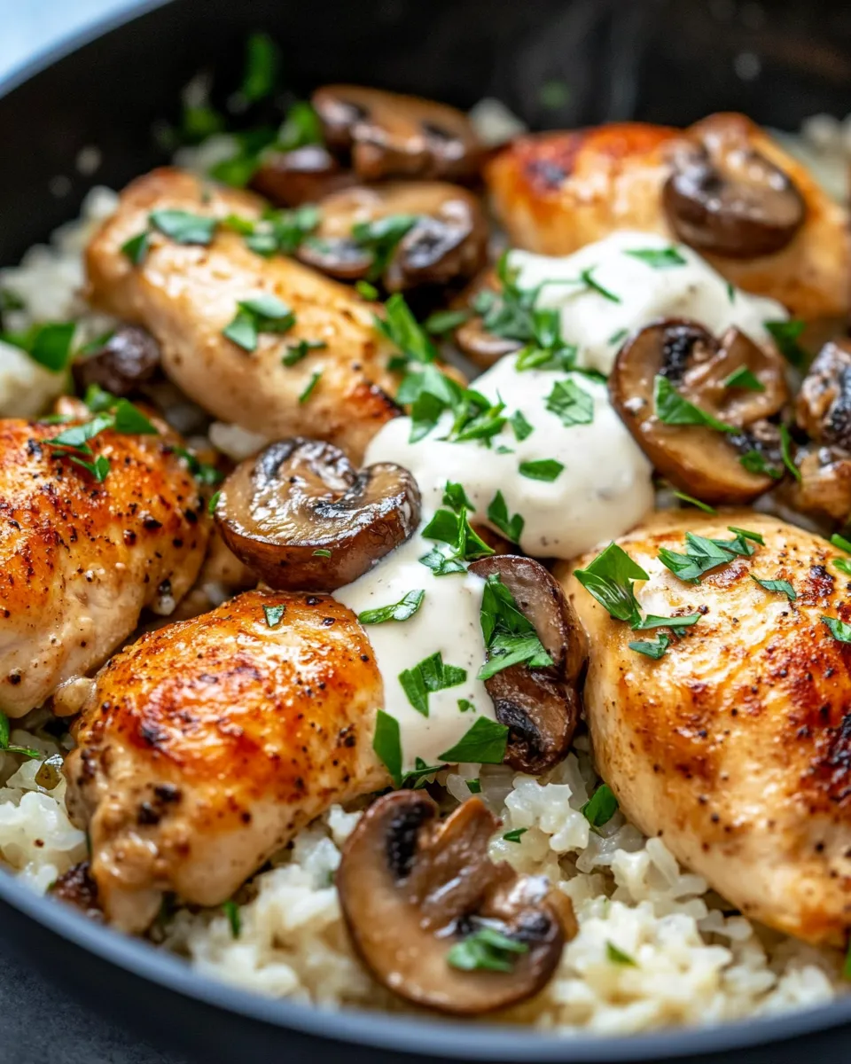 Delicious Creamy Mushroom Chicken and Rice food shot