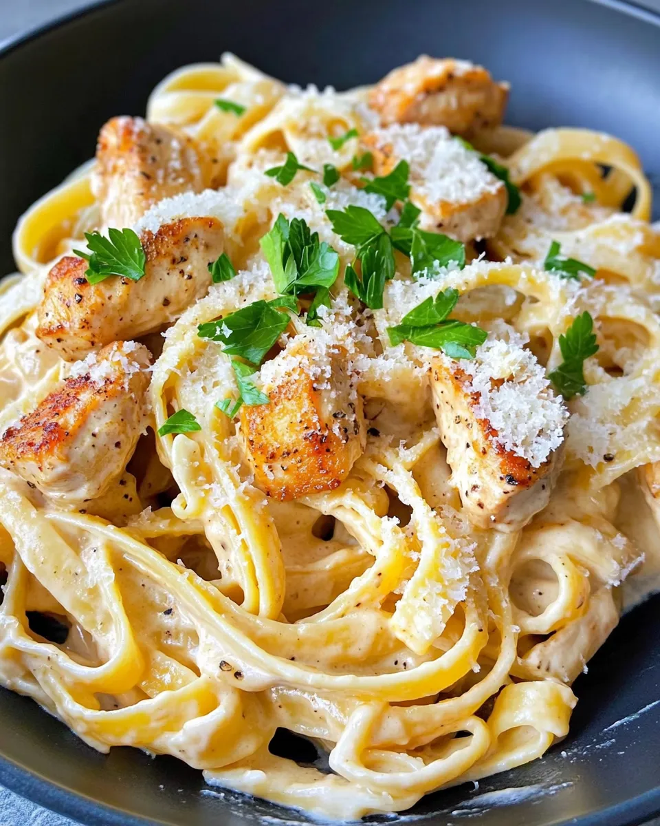 Easy Creamy Pumpkin Alfredo Chicken Pasta food shot