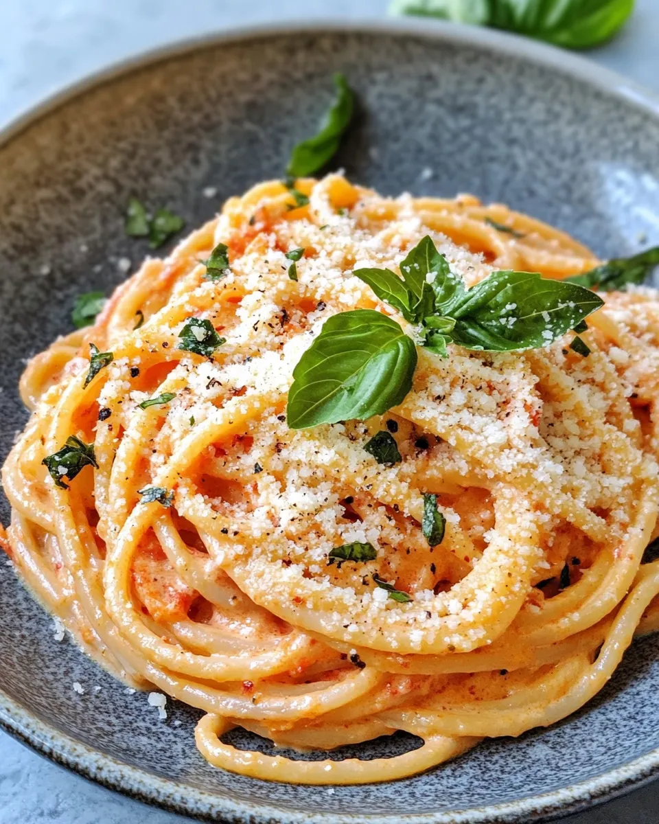 Easy Creamy Roasted Red Pepper Pasta food shot