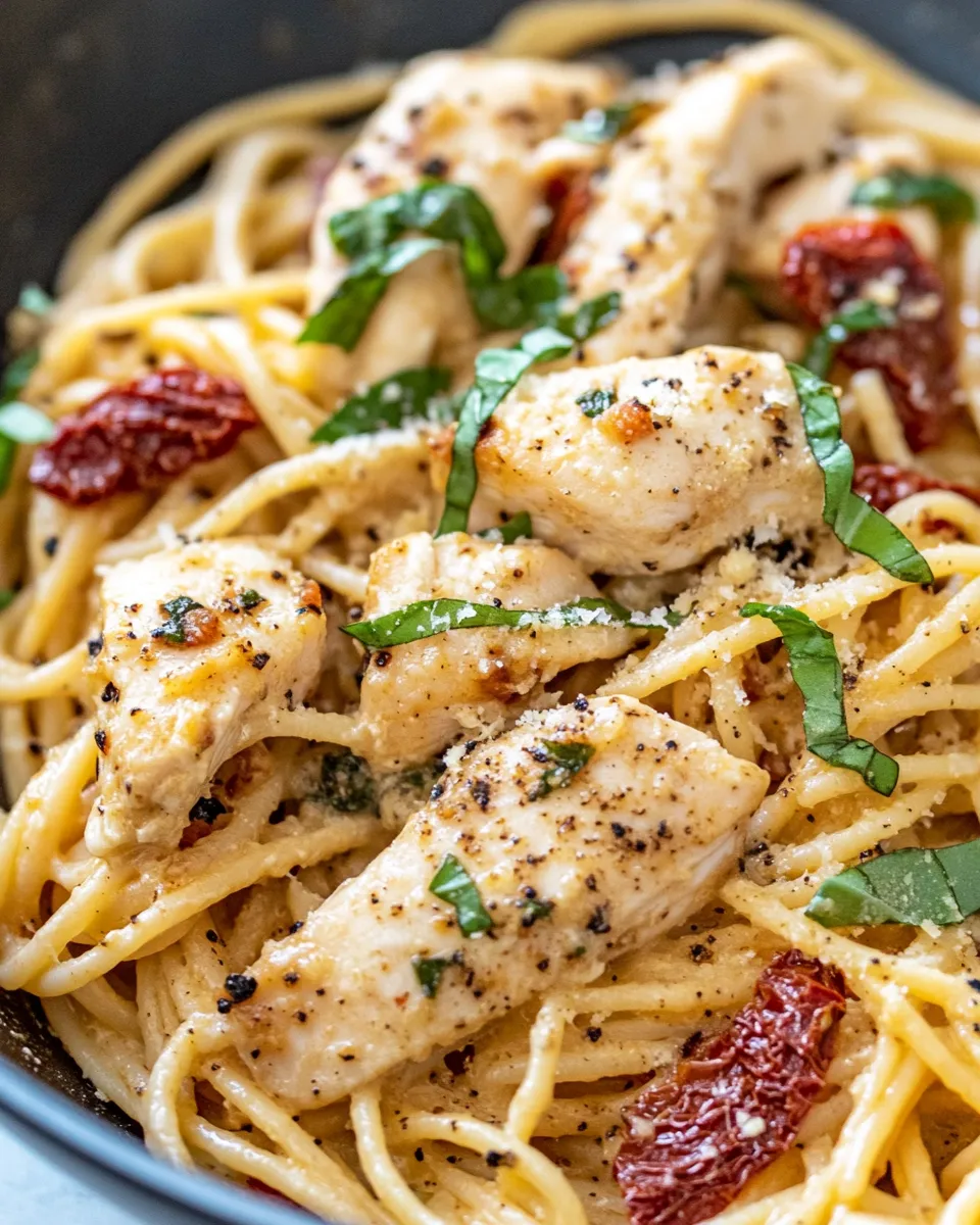 Easy Creamy Sun-Dried Tomato Chicken Pasta food shot