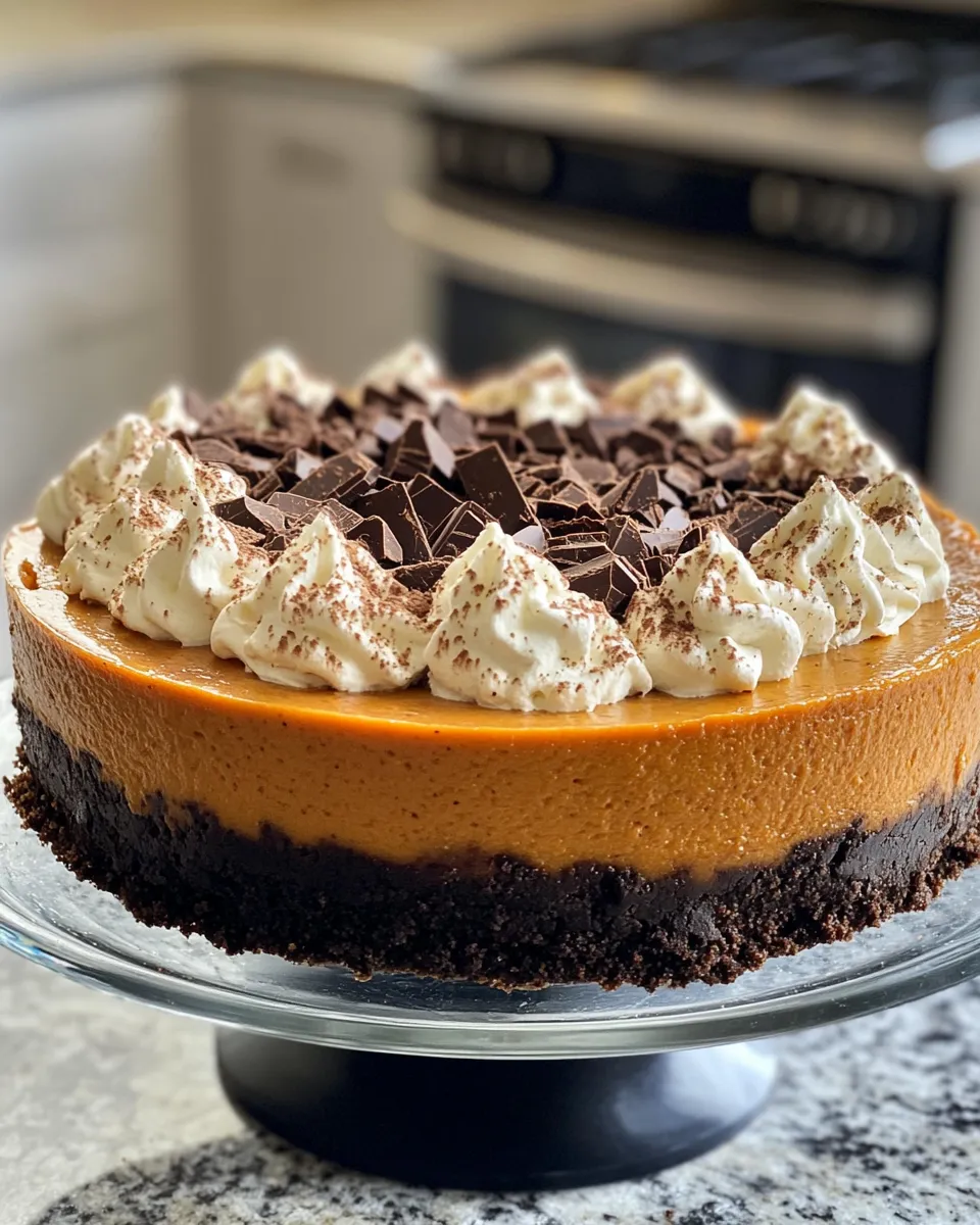 Easy Dark Chocolate Pumpkin Cheesecake food shot