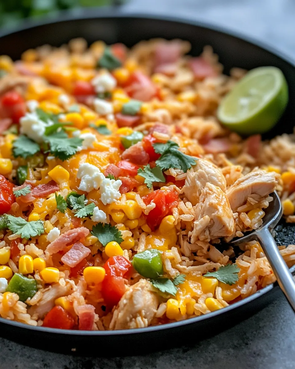 Easy Mexican Street Corn Chicken Rice Skillet food shot