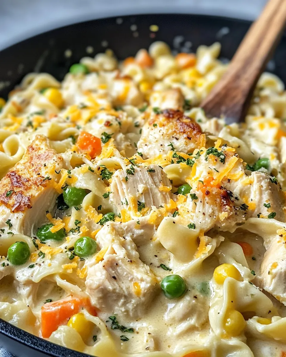 Delicious Chicken Pot Pie Noodle Skillet food shot