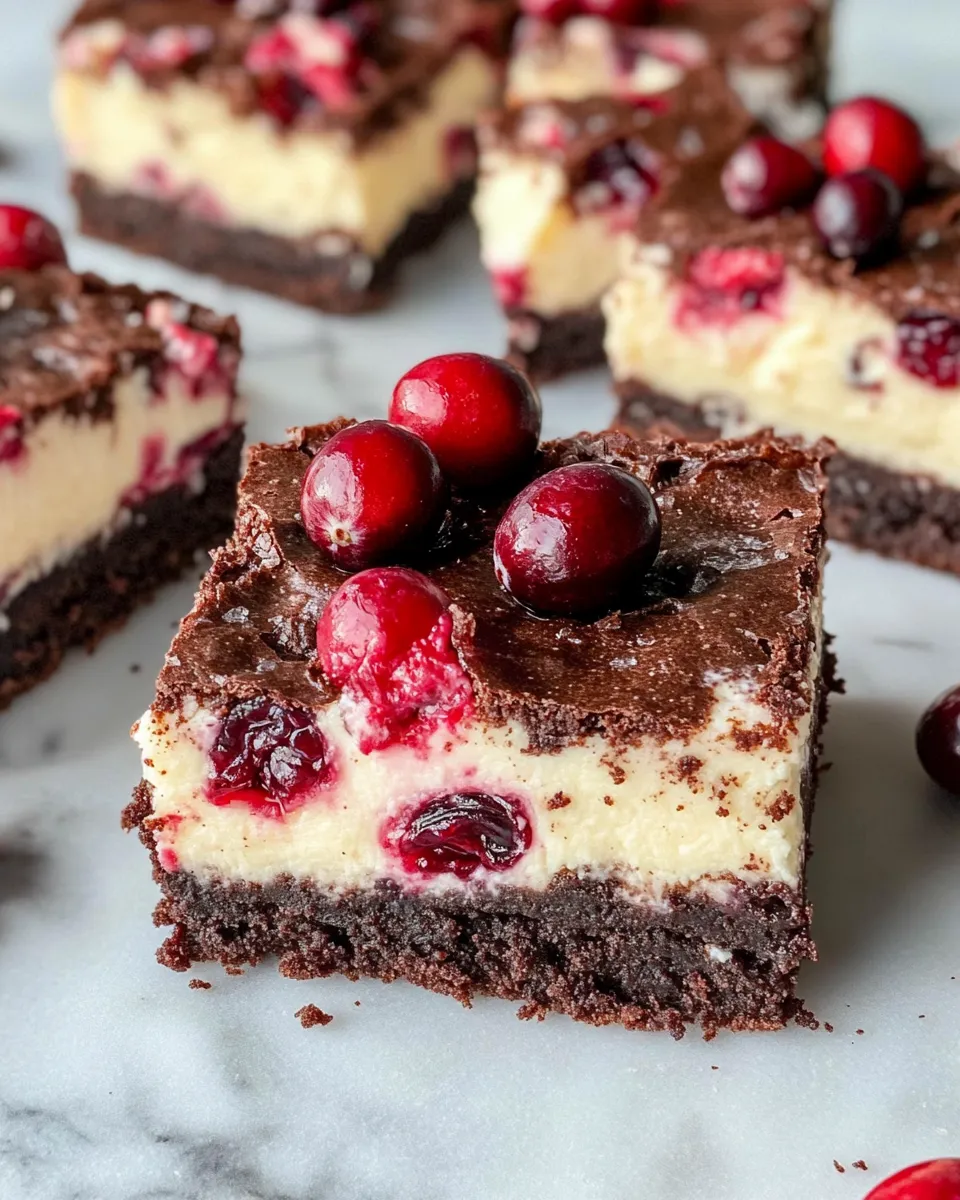 Easy Cranberry Cheesecake Brownie Bars food shot