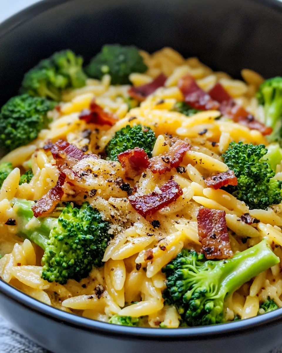 Delicious Creamy Broccoli Cheddar Orzo food shot