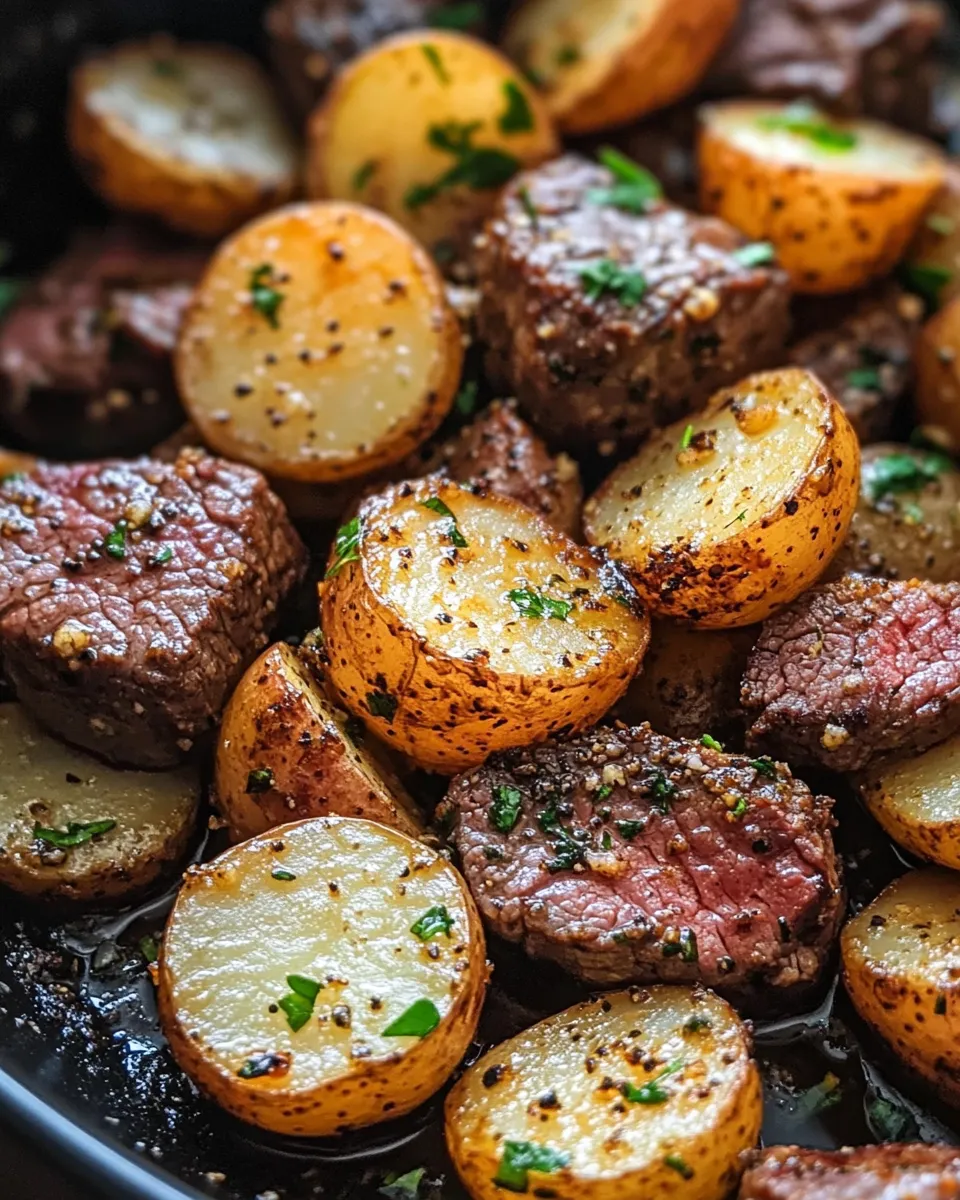 Easy Garlic Butter Steak Bites Potatoes food shot