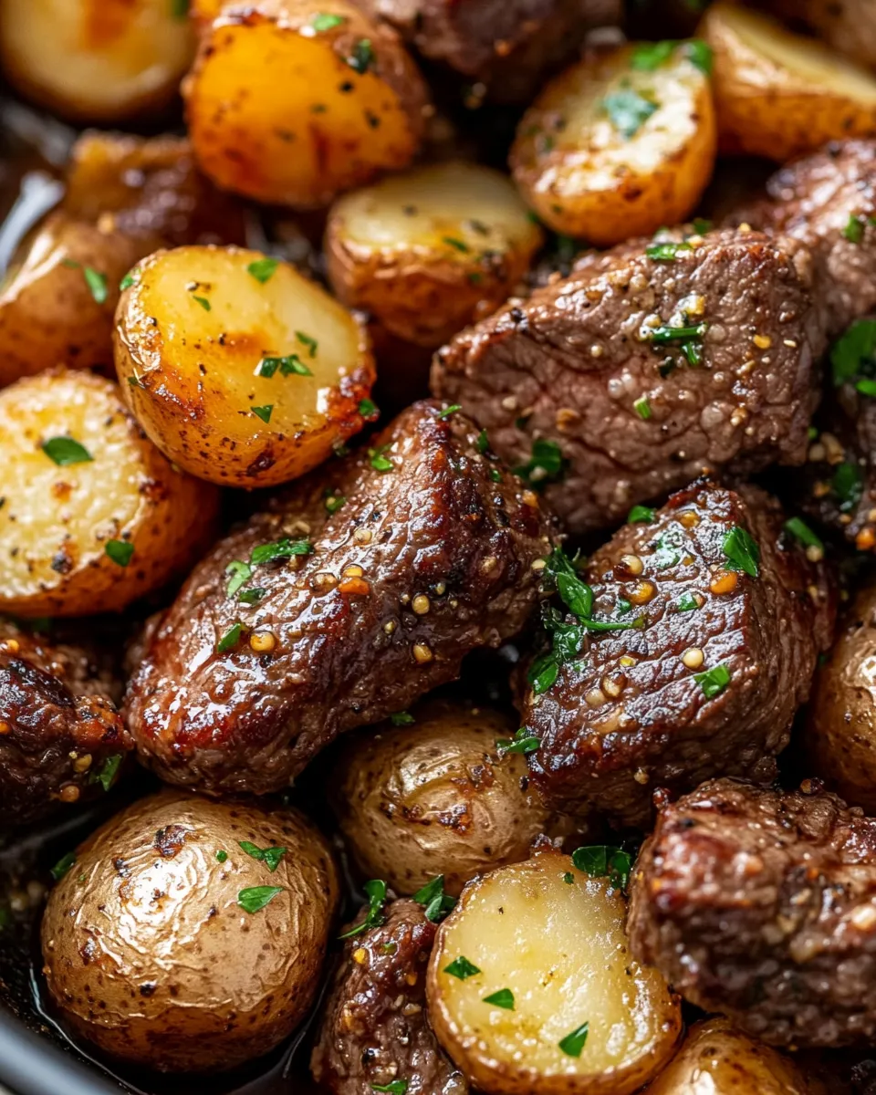 Delicious Garlic Butter Steak Bites Potatoes plate image