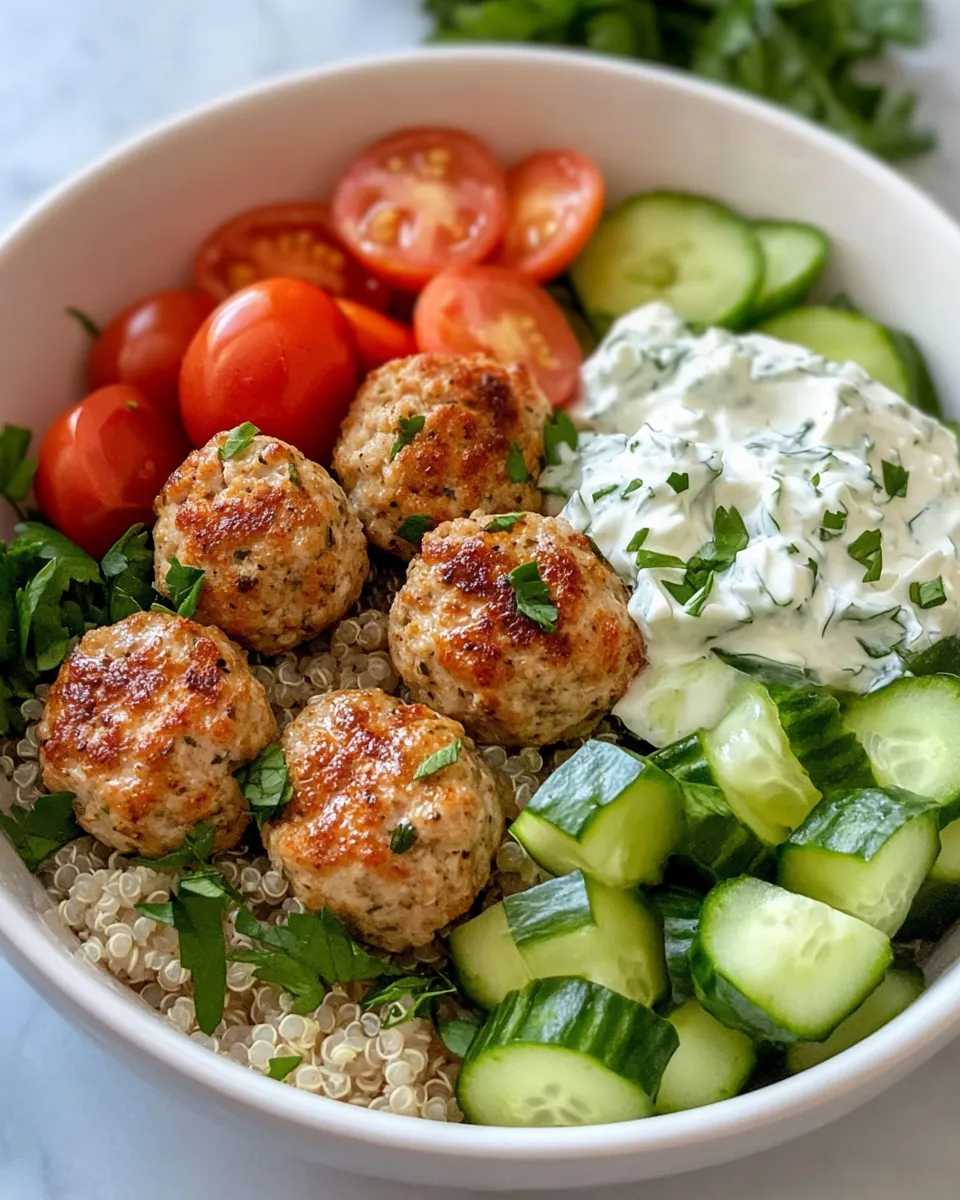 Delicious Greek Chicken Meatball Bowls food shot
