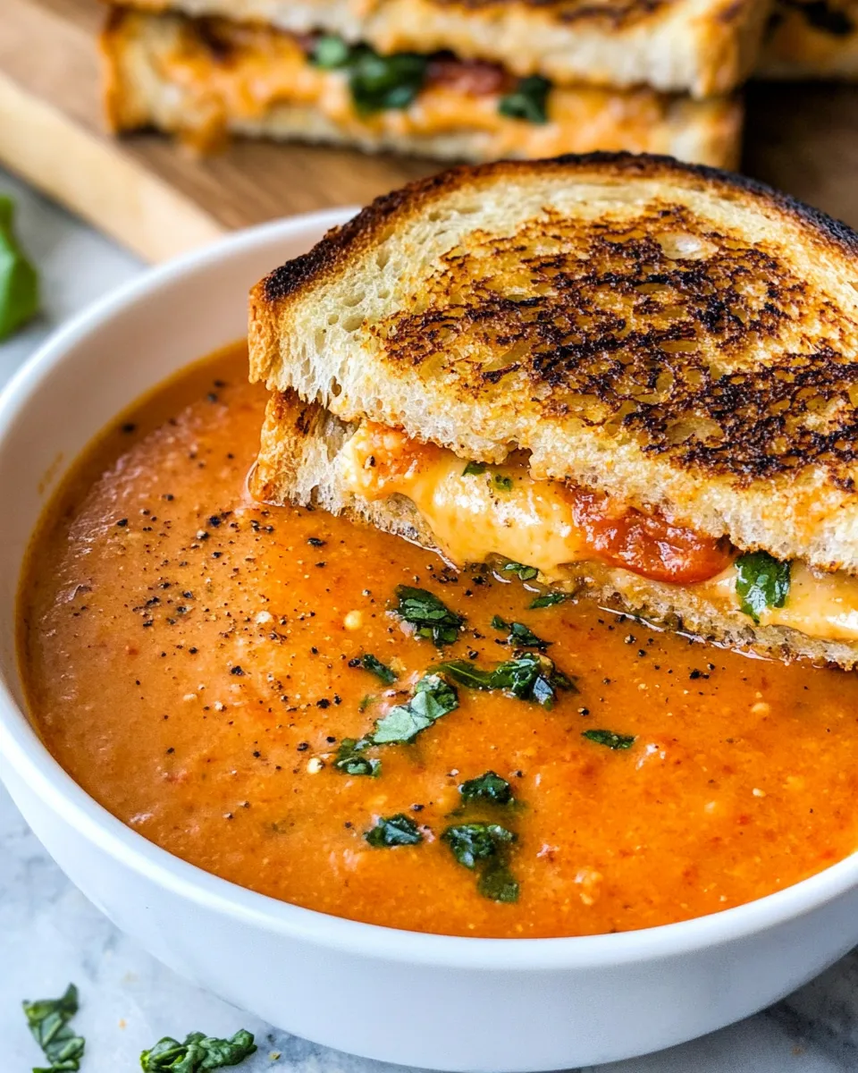 Classic Roasted Tomato Basil Soup With Grilled Cheese dish photo