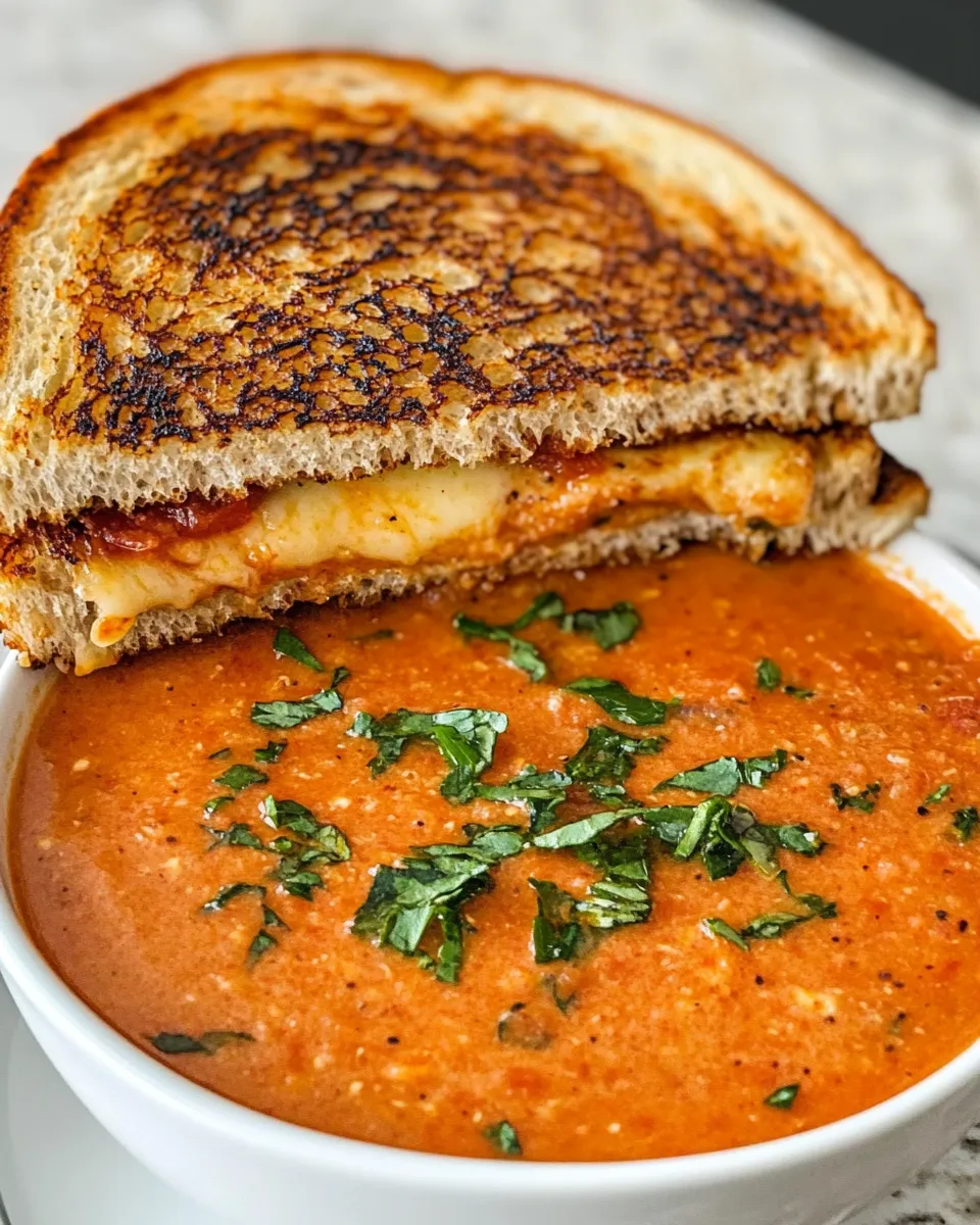 Delicious Roasted Tomato Basil Soup With Grilled Cheese food shot