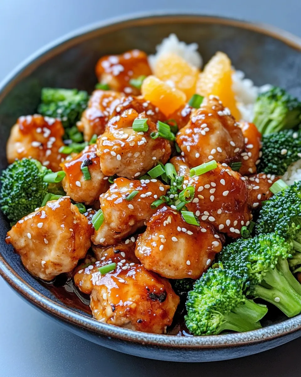 Delicious Sticky Orange Chicken With Broccoli food shot