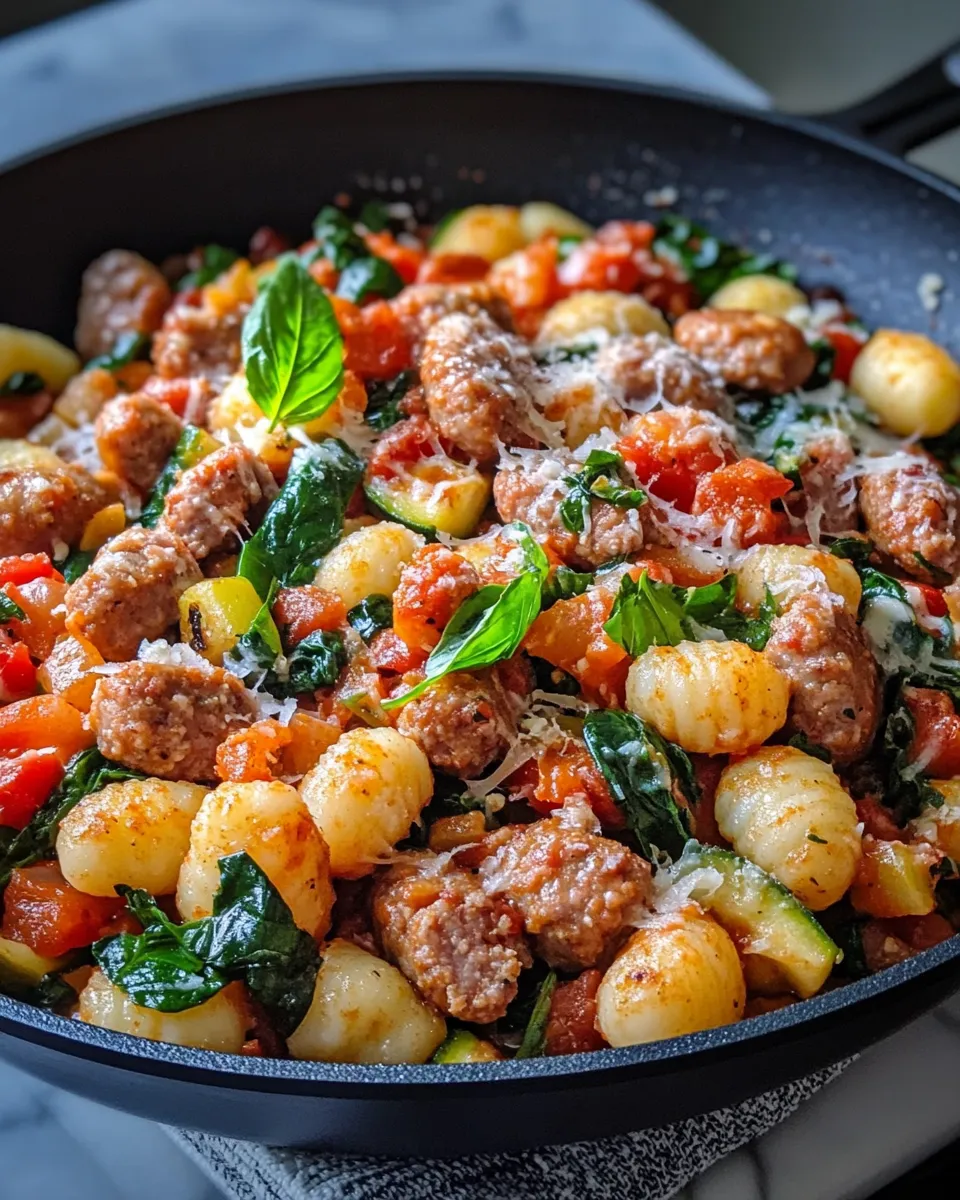 Easy Tuscan Sausage Gnocchi Skillet food shot