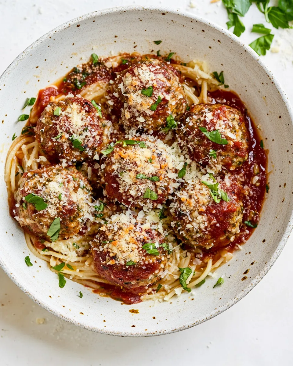Classic Baked Chicken Parmesan Meatballs with Roasted Garlic Spaghetti. dish photo