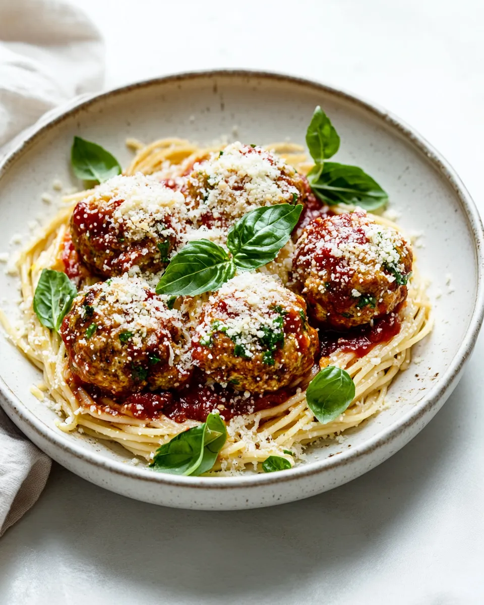 Easy Baked Chicken Parmesan Meatballs with Roasted Garlic Spaghetti. food shot