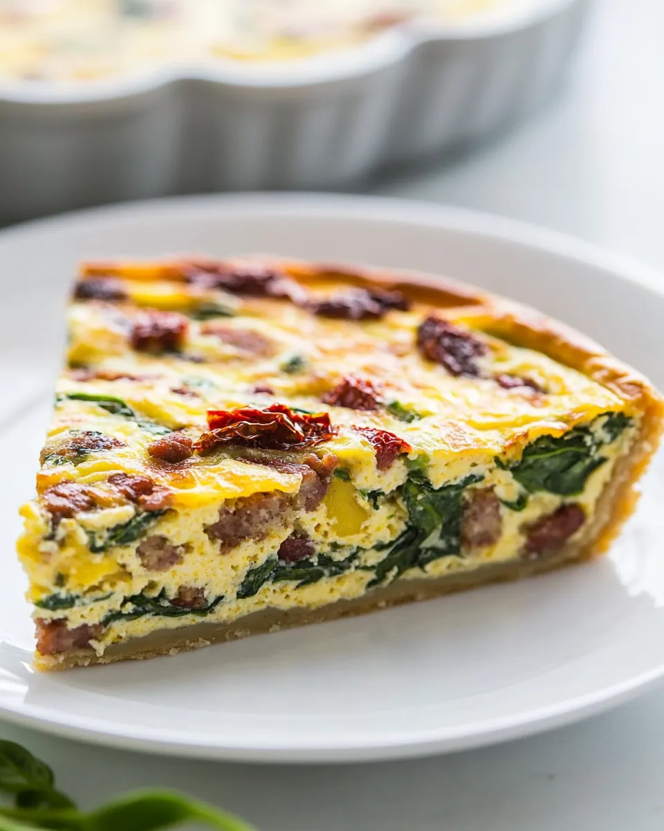 Classic Crustless Quiche Recipe (Spinach, Sausage, and Sun-Dried Tomatoes) recipe image