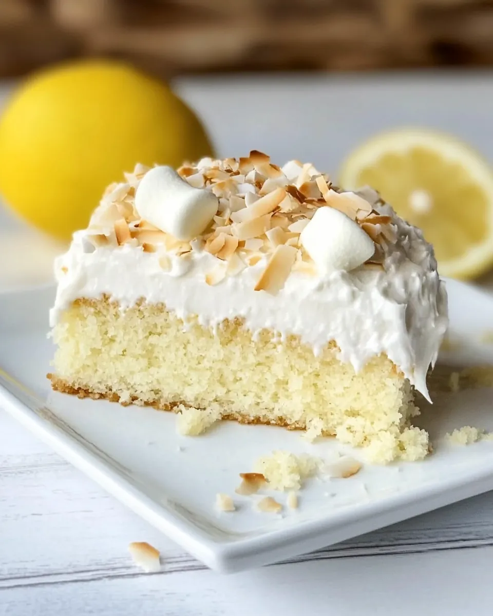 Homemade Easy Lemon Cake with Marshmallow Frosting + Toasted Coconut. recipe photo