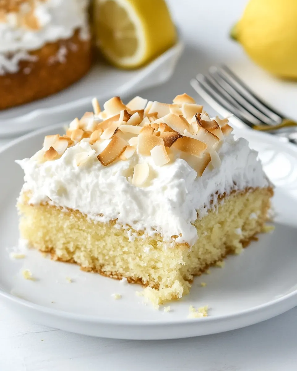 Classic Easy Lemon Cake with Marshmallow Frosting + Toasted Coconut. dish photo