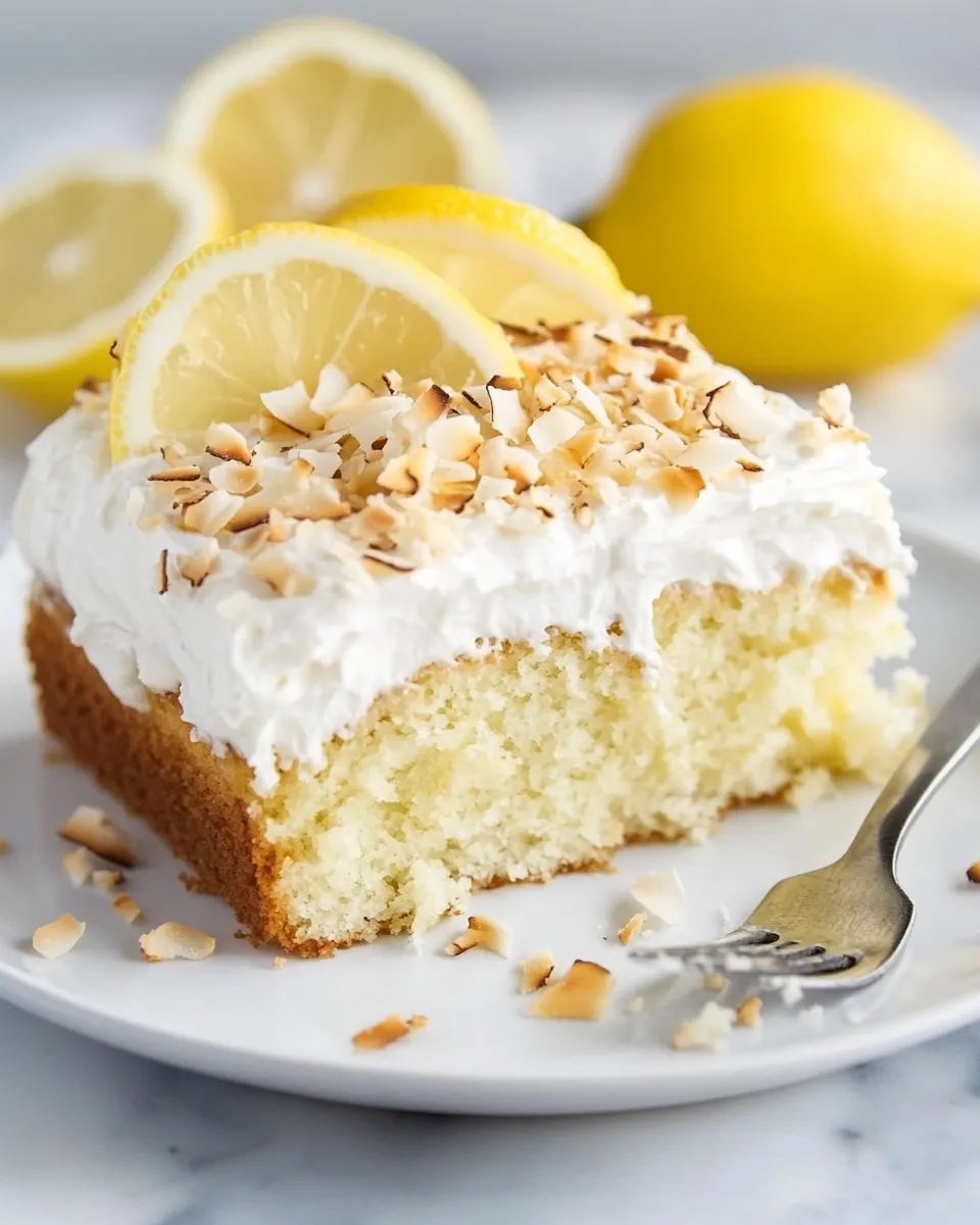 Delicious Easy Lemon Cake with Marshmallow Frosting + Toasted Coconut. food shot