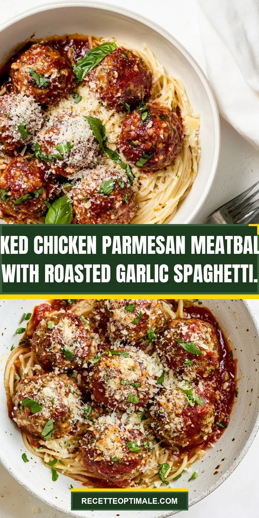 Baked Chicken Parmesan Meatballs With Roasted Garlic Spaghetti. (Amazing & Delicious)